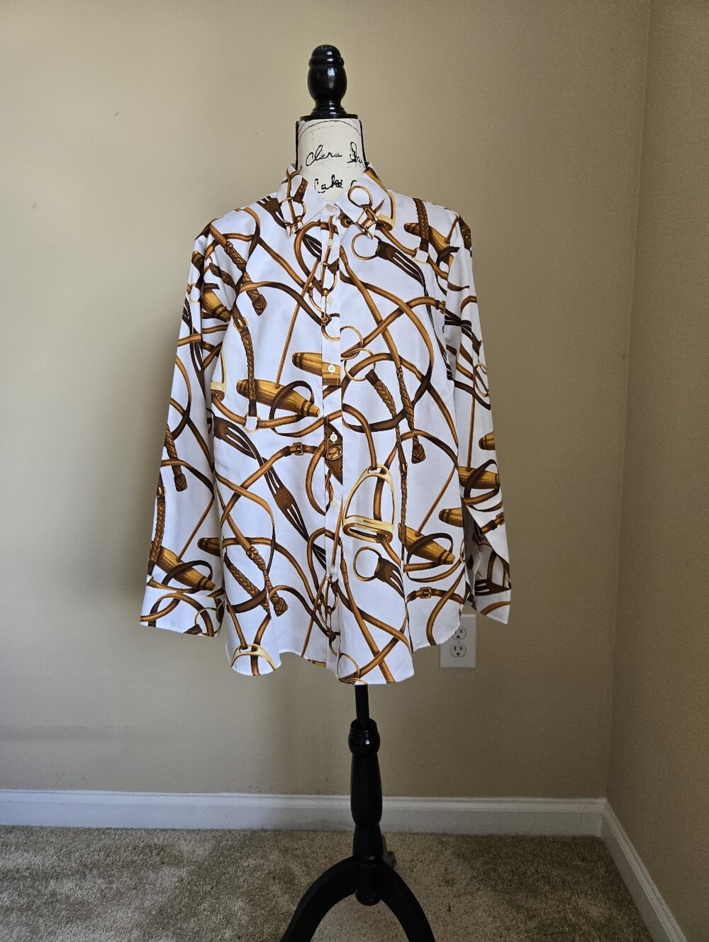 Lauren Ralph Lauren Equestrian Print Shirt Womens 2X Button Front